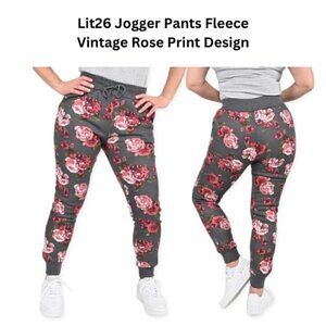 Lit26 Fleece Jogger Black and Pink Pants with Vintage Rose Print Women's Large